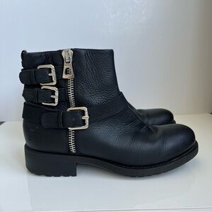 RUDSAK Black Leather Moto Boots - Triple Buckle Zip Ankle Booties - Size 39